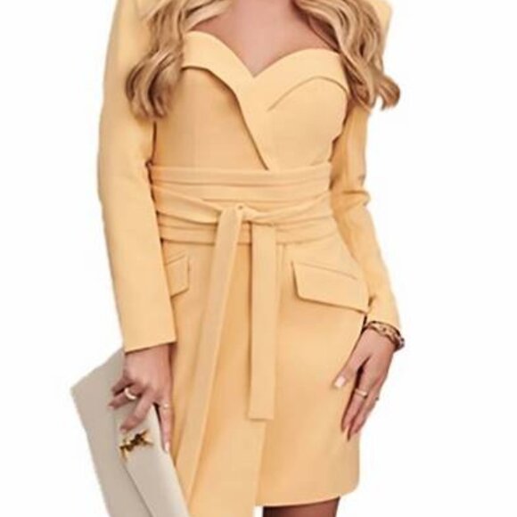 Lavish Alice Obi Butter Yellow Belted Blazer Dress with Long Sleeves - Picture 4 of 9